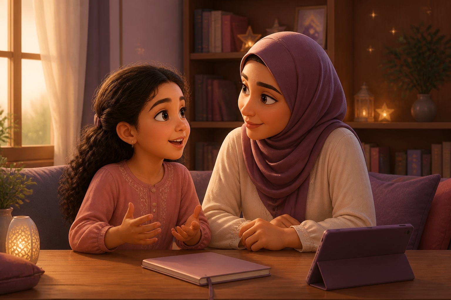 أم عربية محجبة تتعلّم الإنجليزية في المنزل مع طفلتها باستخدام جهاز لوحي