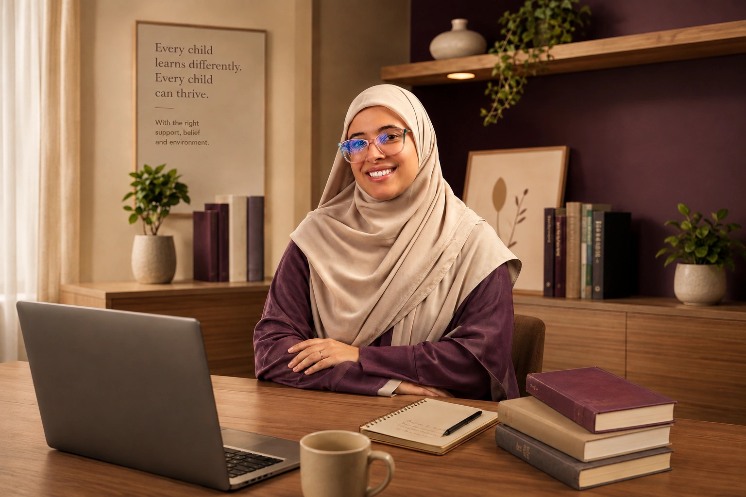 سارة، معلّمة الإنجليزية ومؤسِّسة ⁦My English Sarah⁩، في مكتبها.